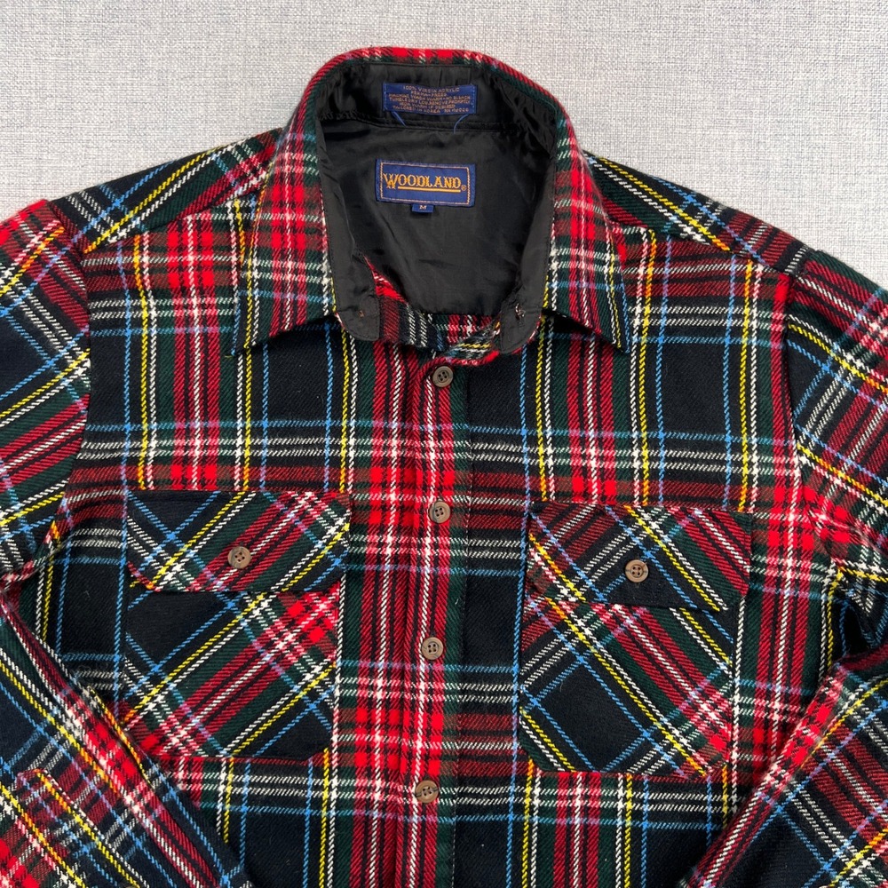 VTG 90s Woodland Plaid Flannel Shirt Men Medium‎ Acrylic Red Black Tartan Grunge